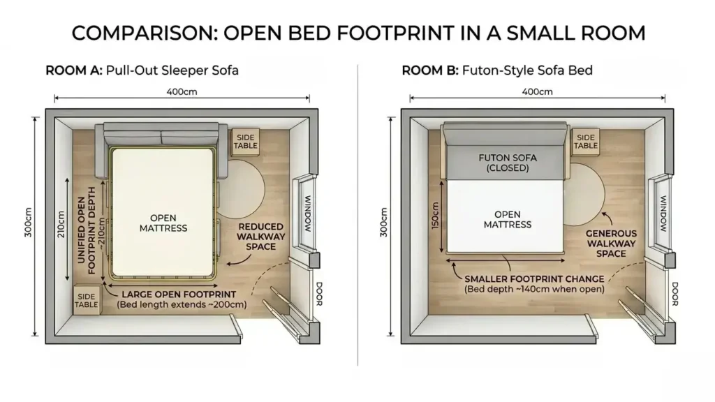 Side-by-side floor plan comparison showing pull-out sofa bed open footprint versus futon-style sofa bed open footprint in the same small room