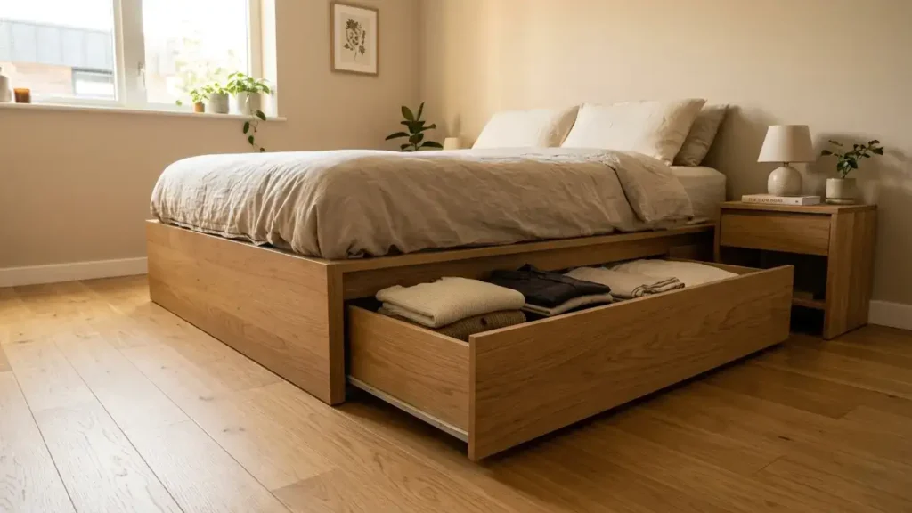 Side view of a platform bed with a storage drawer pulled halfway open showing folded clothing inside in a small tidy bedroom with clear floor space