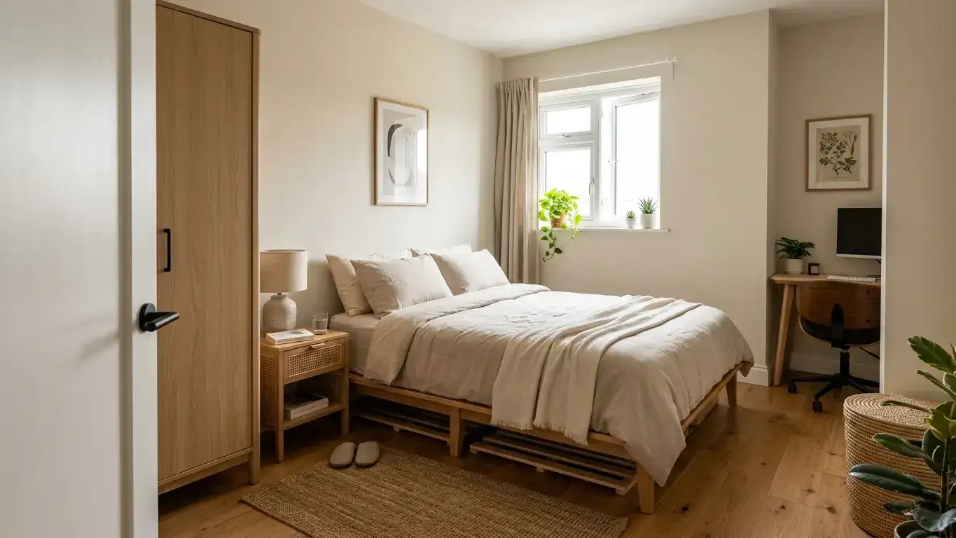 Small bedroom viewed from the doorway showing a queen platform bed against the far wall with clear floor space on both sides, a nightstand, wardrobe and desk visible