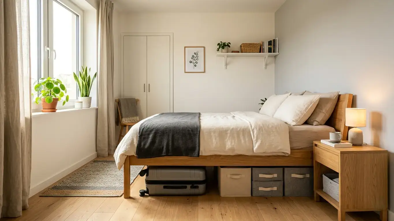 Small bedroom with a platform bed showing storage bins and a suitcase neatly stored underneath in the under-bed clearance space