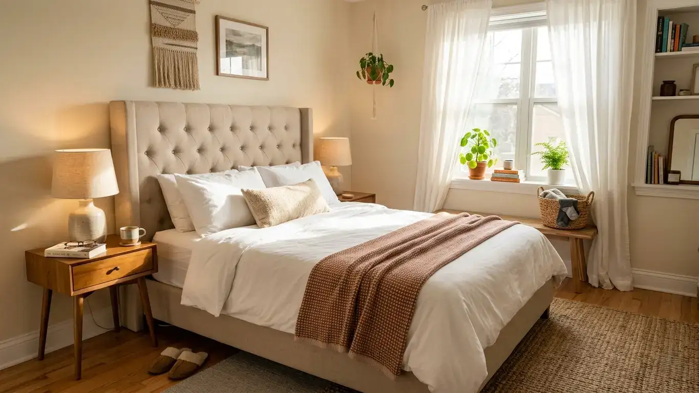 Small bedroom with a queen upholstered platform bed featuring a tall beige button-tufted headboard, white bedding and a wooden nightstand with a lamp