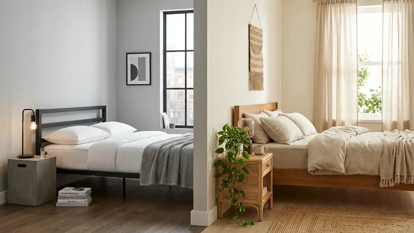 Split image comparing a minimal black metal platform bed in a modern bedroom on the left with a warm oak wood platform bed in a cosy natural bedroom on the right