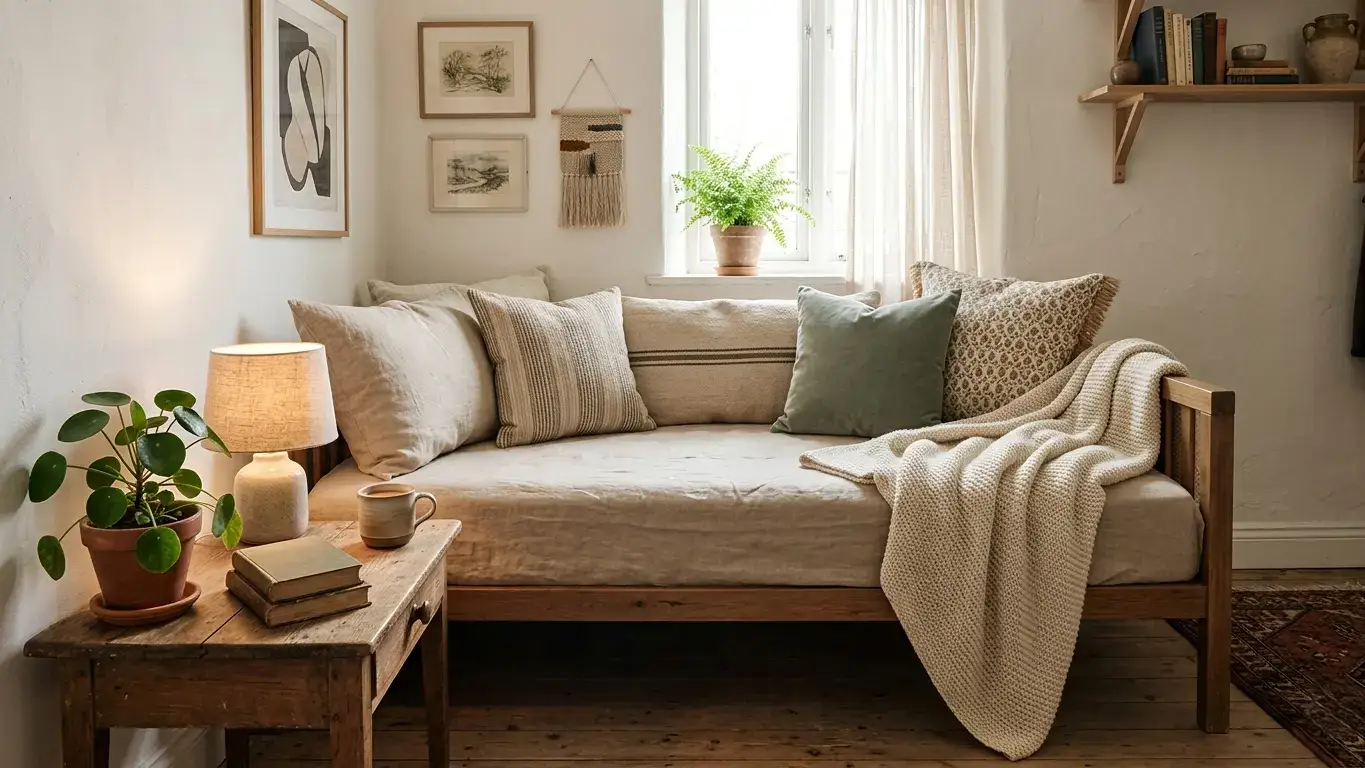Styled daybed in a small room with cushions, throw and side table arranged to look like intentional seating