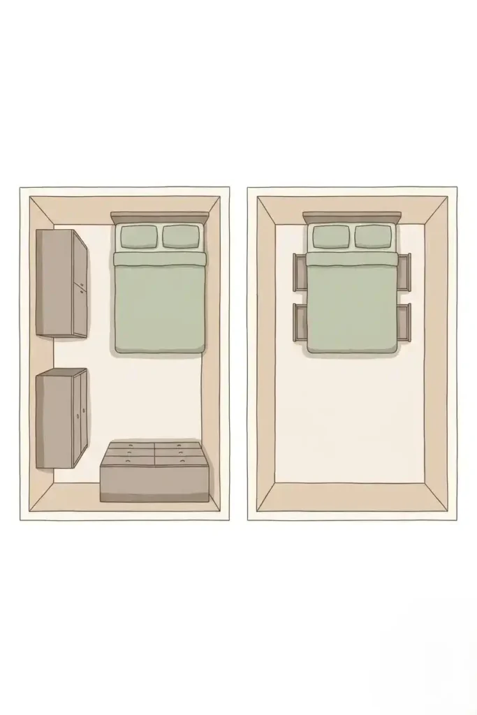 Top-down floor plan comparison of a small bedroom showing a traditional bed setup with a separate chest of drawers on the left versus a platform bed with built-in storage and more open floor space on the right