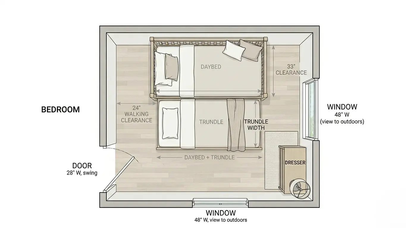 Top-down floor plan diagram of a bedroom showing a daybed with trundle pulled out and measurement arrows for key dimensions