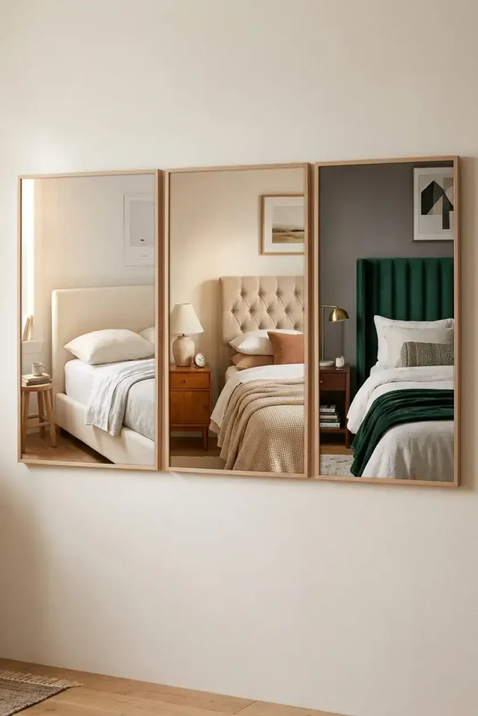 Triptych of three upholstered bed styles in small bedrooms showing a minimal cream linen headboard on the left, a classic button-tufted beige headboard in the centre, and a bold emerald green velvet wingback on the right