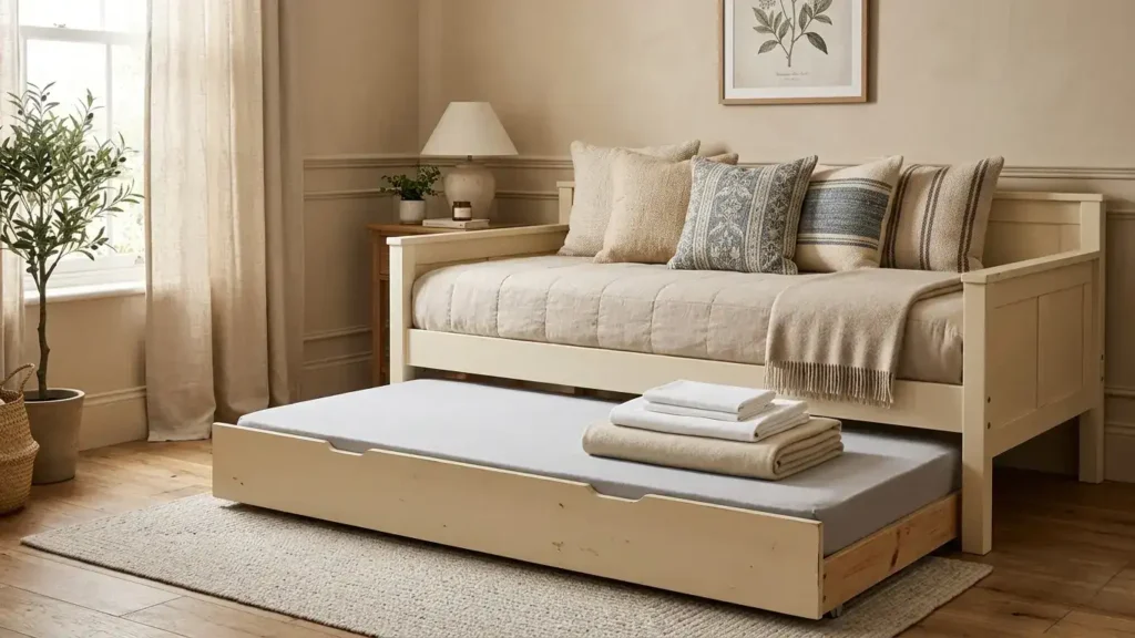 Trundle bed being pushed back under daybed with folded bedding sitting on the mattress