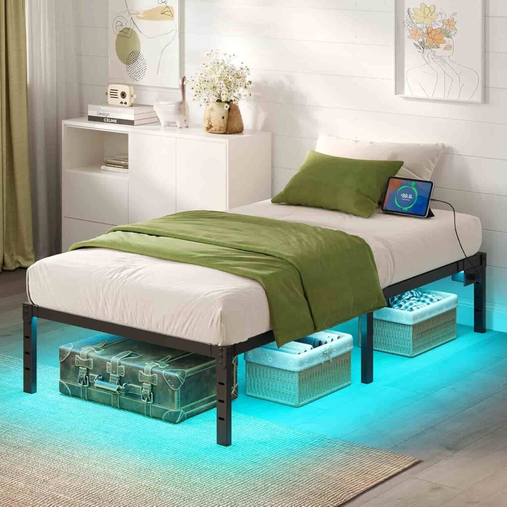 Rolanstar Bed Frame Twin Size with USB Charging Station LED Lights, without headboard style, from Amazon listing