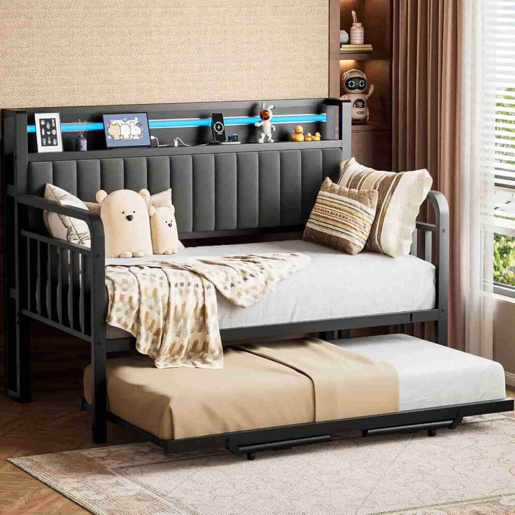 Jocoevol Daybed with Trundle and LED Light in black vintage style from Amazon listing