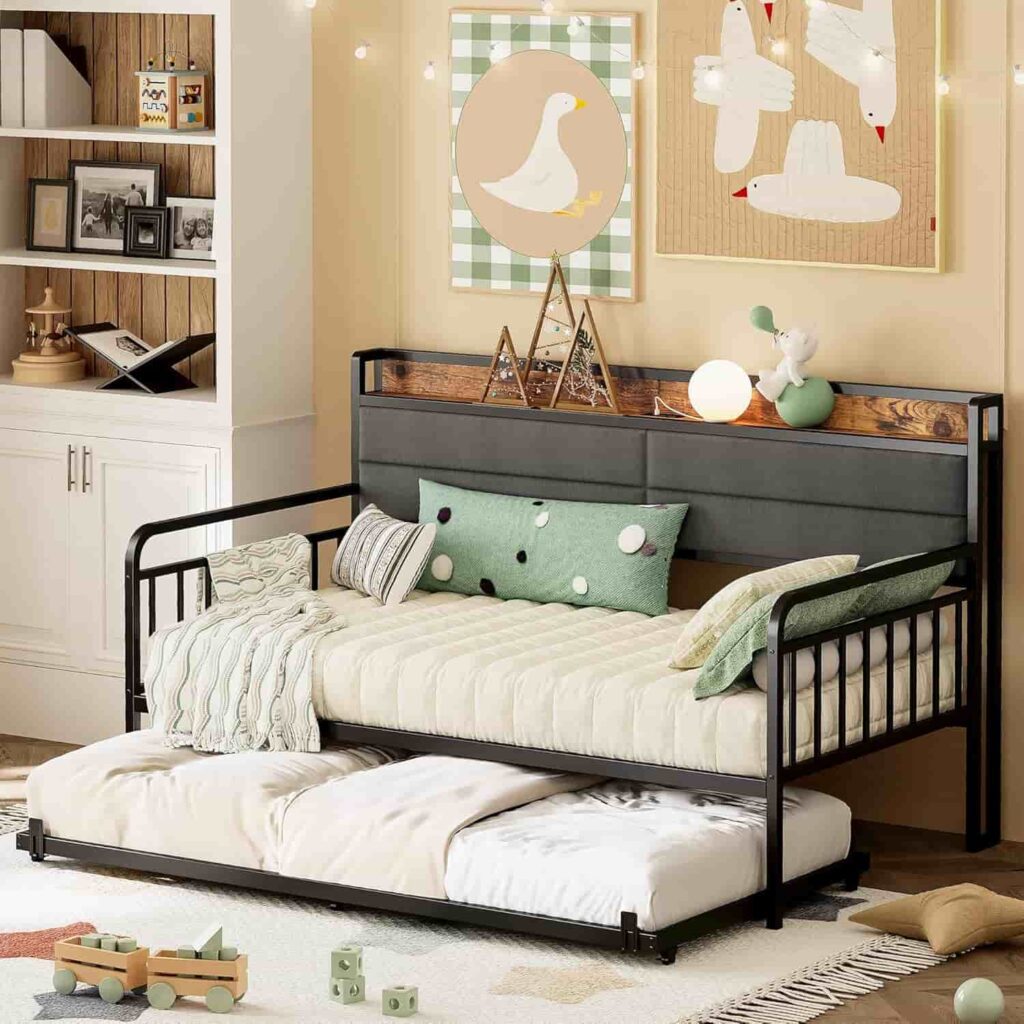 LIKIMIO Daybed with Trundle Sturdy Metal Twin XL Upholstered Headboard in black from Amazon listing