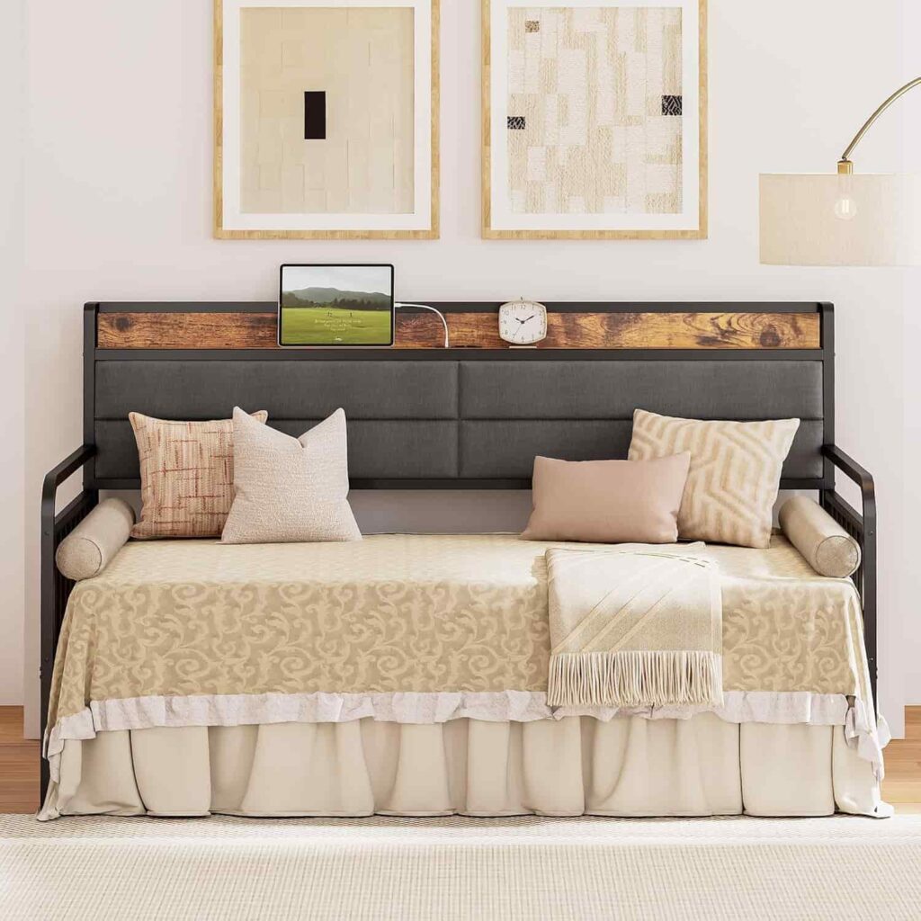 LIKIMIO Daybed with Trundle Sturdy Metal Twin XL Upholstered Headboard in black from Amazon listing