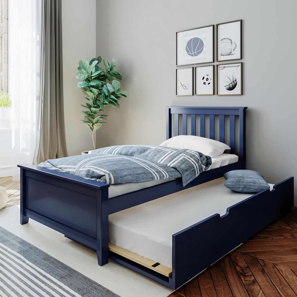 Max and Lily Twin Bed Wood Bed Frame with Headboard For Kids with Trundle in blue from Amazon listing