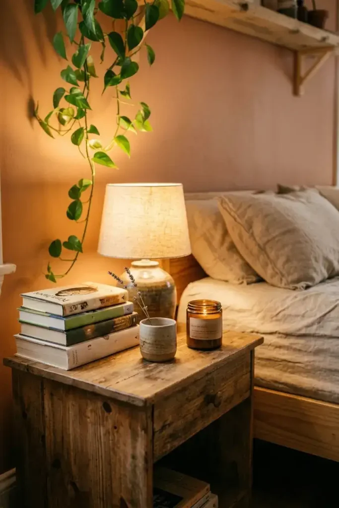 Bedroom nightstand with a stack of well-read books, small ceramic vessel with dried flower, used glass jar candle and warm lamp light against oat linen bedding