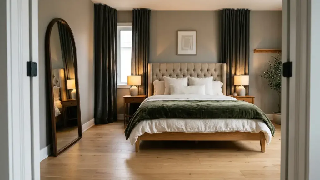 Bedroom viewed from doorway showing a platform bed with upholstered headboard in layered white and cream bedding, matching bedside lamps, floor-to-ceiling grey curtains and an arched floor mirror