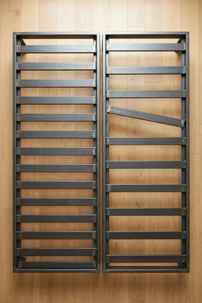 Close-up overhead comparison of two platform bed slat systems side by side showing tightly spaced secure slats on the left versus widely spaced loose slats with one shifted out of position on the right
