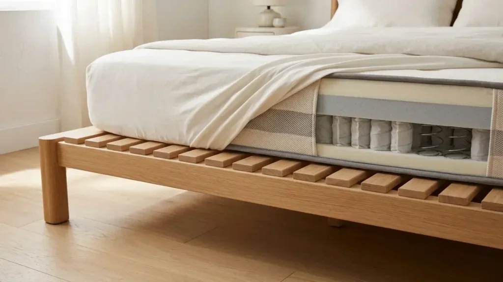 Close-up side view of a thick well-made mattress resting on an evenly slatted platform frame showing the mattress layers and slat construction with a white fitted sheet and light hardwood floor