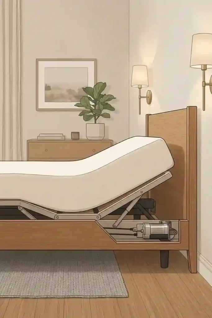 Cross-section editorial illustration showing an adjustable base mechanism sitting inside a decorative oak wood platform bed frame with the head section slightly raised and a mattress on top