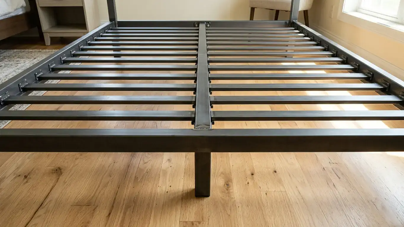 Ground-level view underneath a metal platform bed frame showing evenly spaced steel slats secured in their holders and a central support bar with a leg making contact with the floor
