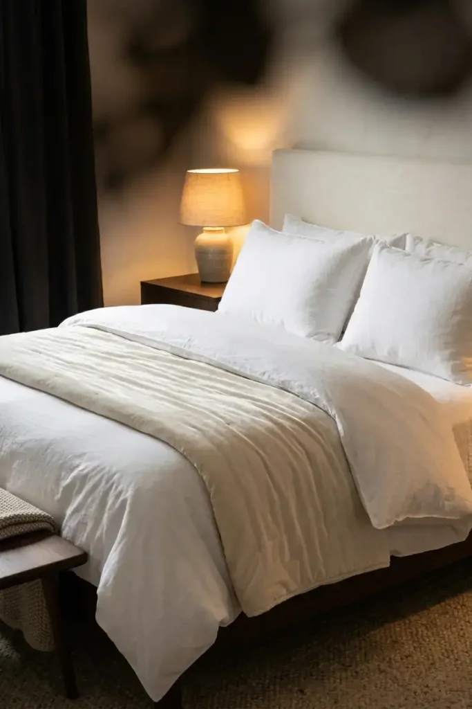 Layered hotel-style bed on a platform frame with white goose-down duvet, cream velvet quilt draped at the foot, and white linen pillows in warm bedside lamp light