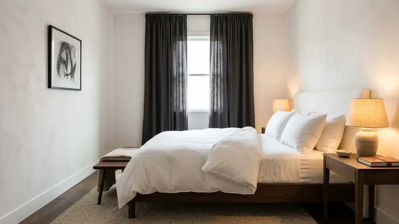 Luxurious styled bedroom with a low-profile platform bed dressed in white goose-down bedding, dark wood nightstand, ceramic lamp and floor-to-ceiling charcoal curtains