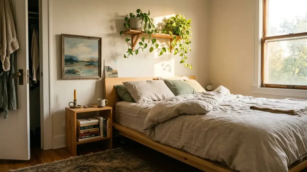 Morning bedroom with natural pine platform bed made loosely in linen bedding, trailing pothos plant, stack of books and burned candle on nightstand and a leaning piece of art