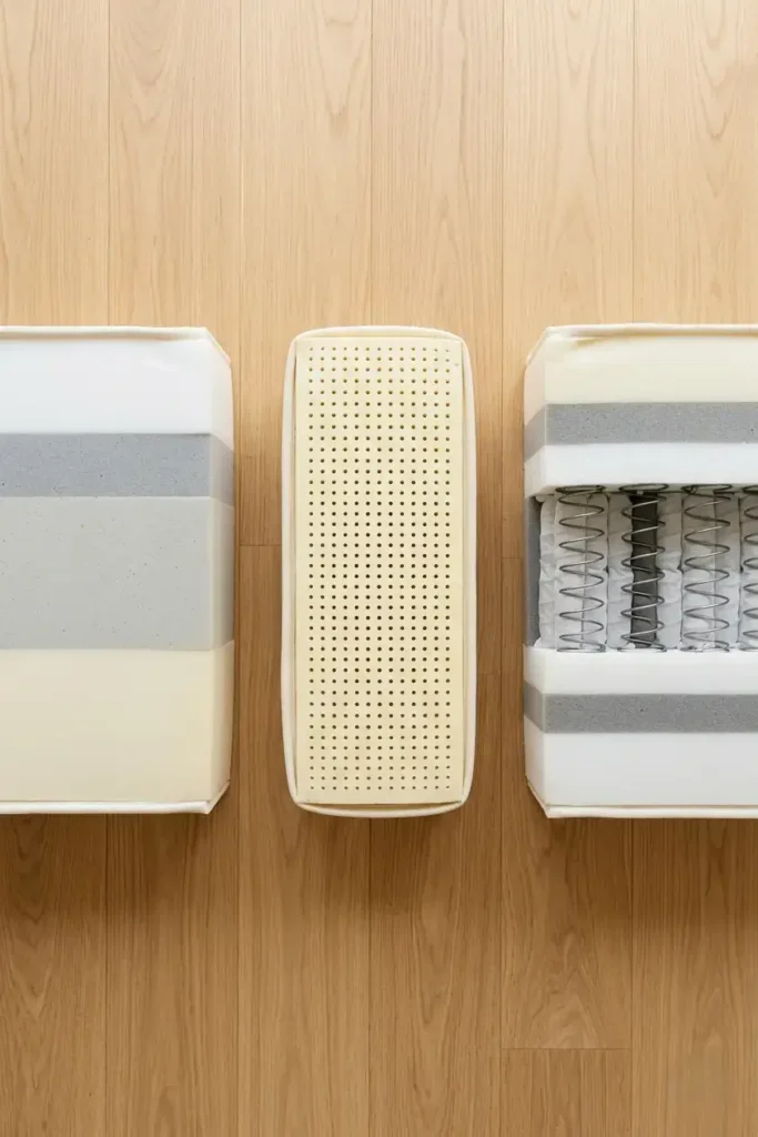 Overhead flat-lay of three mattress cross-section samples side by side on a light oak floor showing the interior layers of a memory foam mattress on the left, a latex mattress in the centre, and a hybrid mattress with coils and foam layers on the right