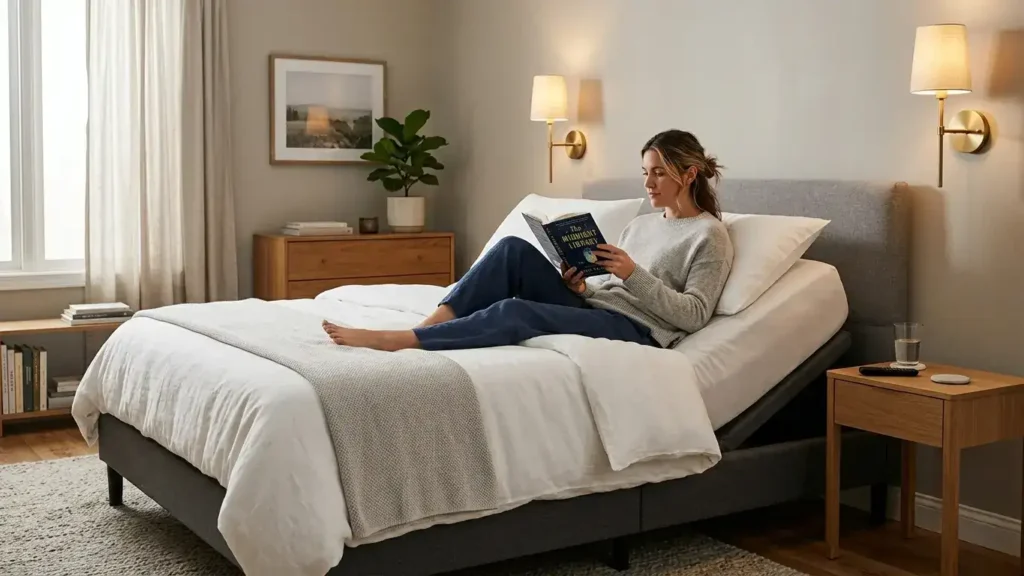 Person comfortably reading a book on an adjustable bed with the head section raised in a calm well-styled bedroom with white and grey bedding, modern nightstand and wall sconces