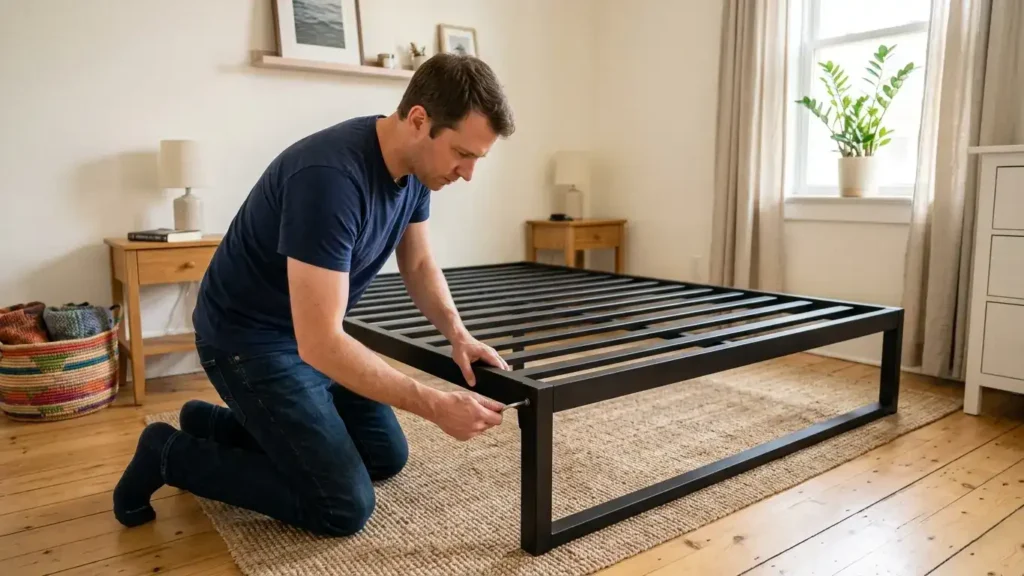 Person kneeling beside an assembled metal platform bed frame using a hex key to tighten a bolt at a corner joint before placing the mattress