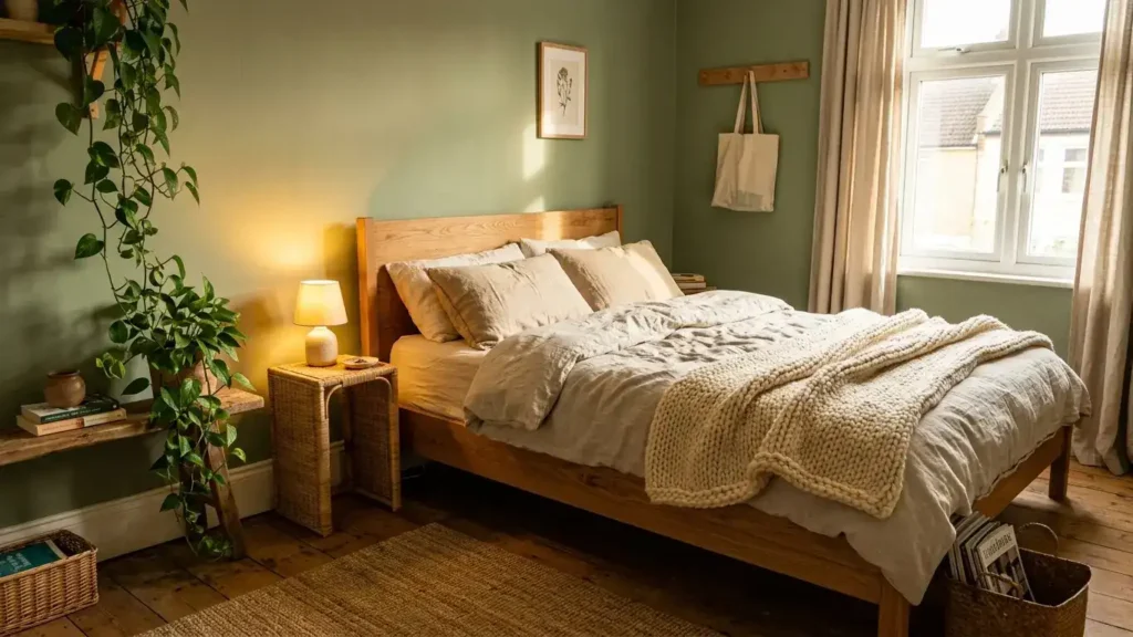Small bedroom with a solid oak wood platform bed frame against a sage green wall dressed in layered linen bedding with a trailing plant, rattan nightstand and ceramic lamp