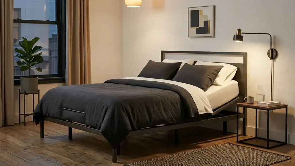 Small bedroom with an adjustable base fitted inside a slim dark metal platform bed frame with charcoal and white bedding, a wall-mounted reading light and minimal modern decor