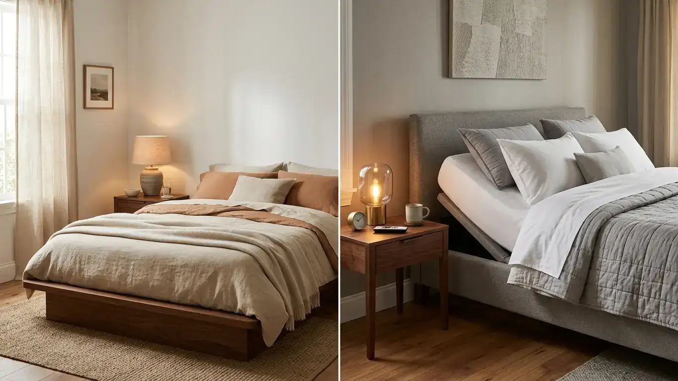 Split image comparing a styled wood platform bed in a small bedroom on the left with a motorized adjustable base bed in a similarly styled bedroom on the right