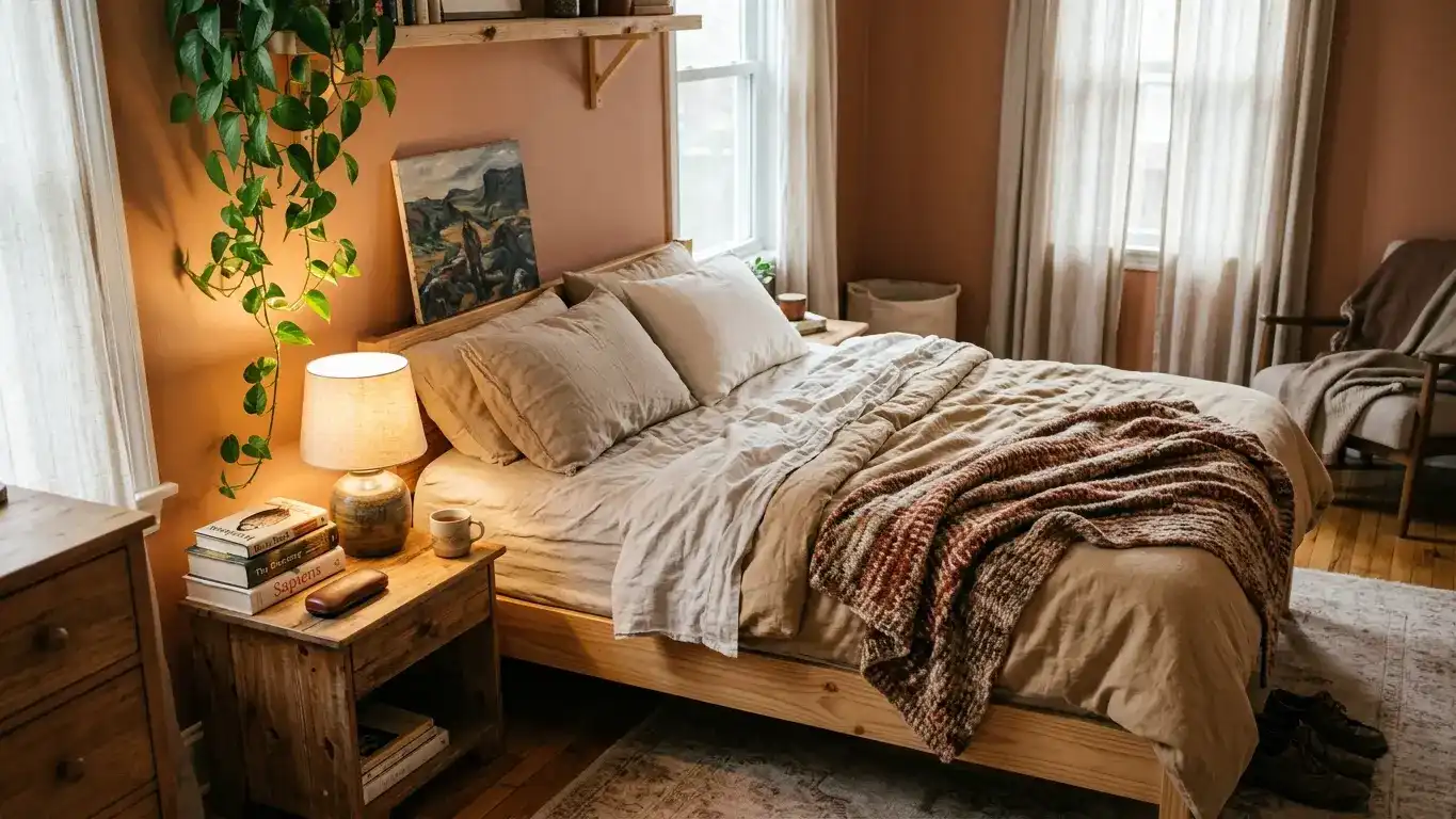 Warm personal bedroom with a natural pine platform bed dressed in layered oat linen and a wool throw, stack of books on nightstand, trailing plant and personally chosen artwork