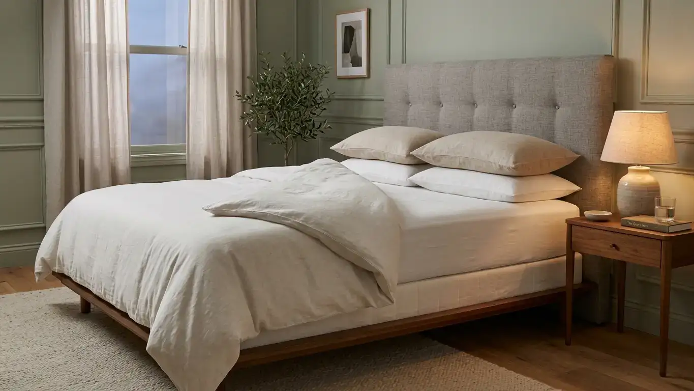 Well-made bed with a thick high-quality mattress dressed in crisp white linen on a low-profile platform frame in a calm well-appointed bedroom with a wooden nightstand and ceramic lamp