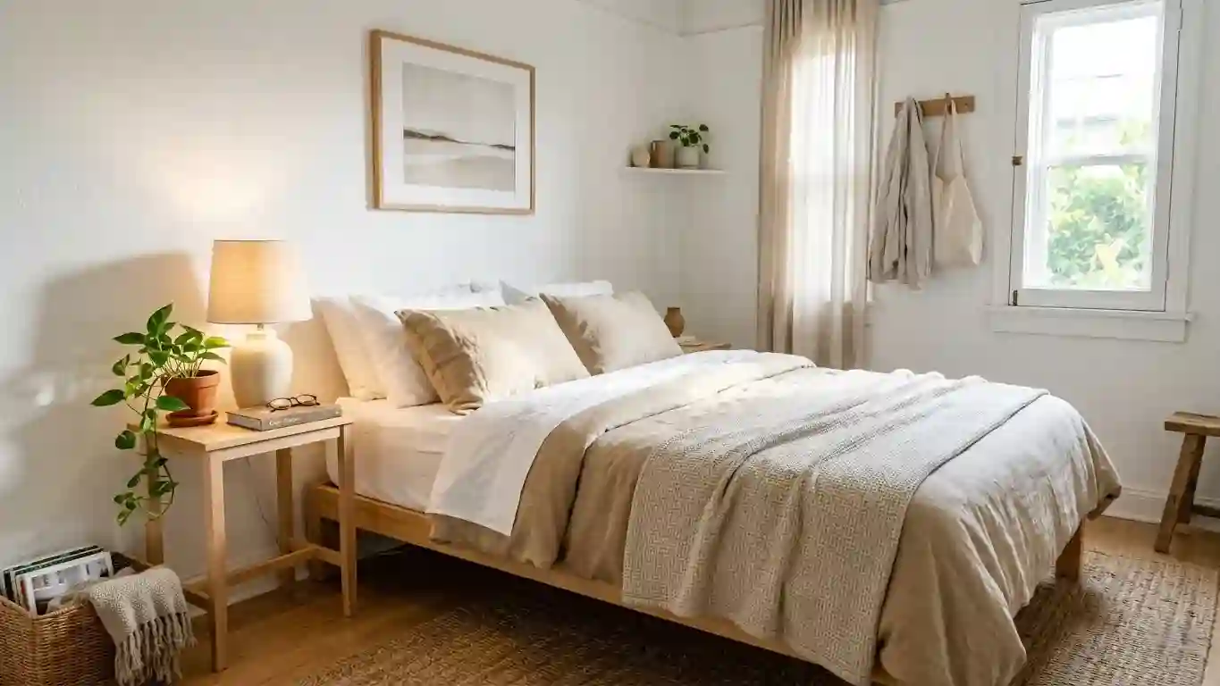 Well-styled small bedroom with a low-profile platform bed dressed in white and linen bedding, wooden nightstand, ceramic lamp and small plant in warm morning light