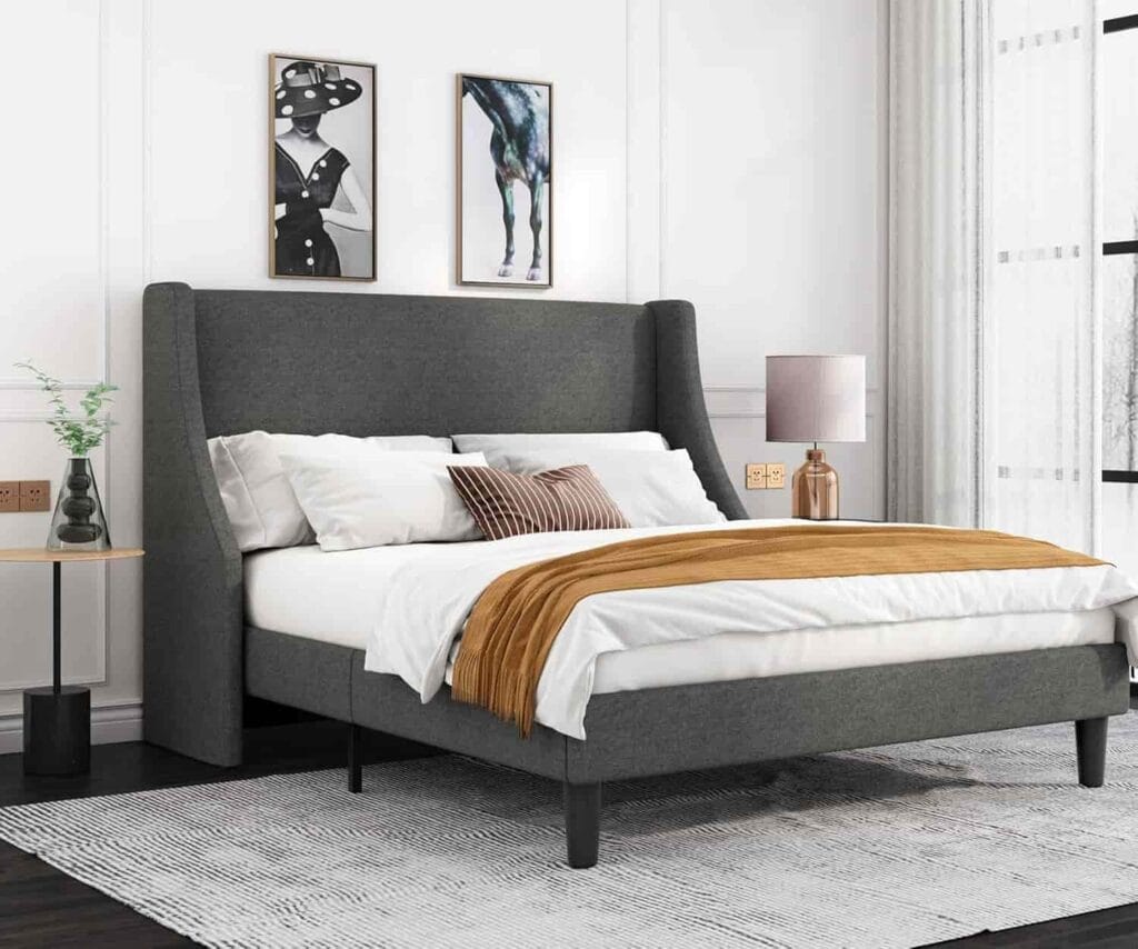 Allewie Platform Bed Frame Full Size with Upholstered Wingback Headboard in Light Grey from Amazon listing
