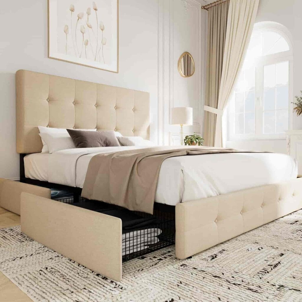 Allewie Upholstered Queen Size Platform Bed Frame with 4 Storage Drawers and Button Tufted Headboard in Beige from Amazon listing