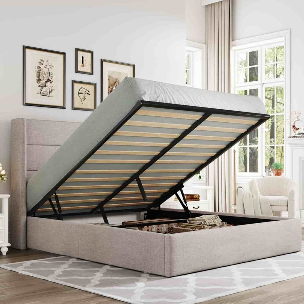 Allewie Queen Size Lift Up Storage Bed with Modern Wingback Headboard and Hydraulic Support in Light Beige from Amazon listing