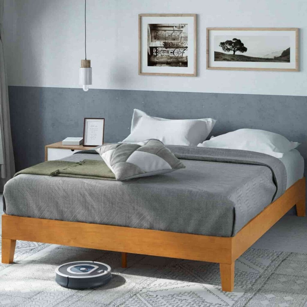 Zinus 12 Inch Deluxe Wood Platform Bed Frame in Rustic Pine queen size without headboard from Amazon listing