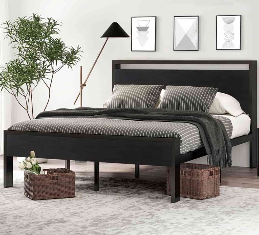 SHA CERLIN 14 Inch Queen Size Metal Platform Bed Frame with Wooden Headboard and Footboard in Black Oak from Amazon listing