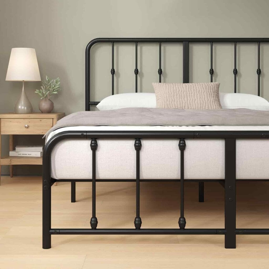 Zinus Leonardo Metal Platform Bed Frame with Victorian spindle headboard and footboard in black queen size from Amazon listing