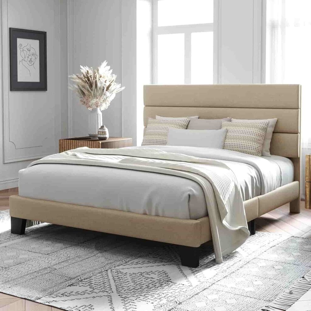 Allewie Queen Size Platform Bed Frame with Fabric Upholstered Headboard and Wooden Slats in Beige from Amazon listing